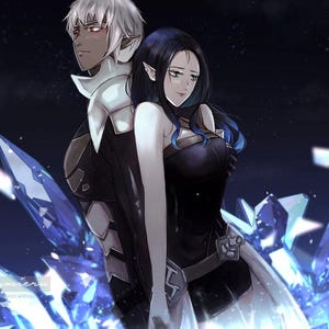 May include: Digital illustration of two fantasy characters, a male and female, standing close together. The male has white hair and dark skin, while the female has black hair. They are surrounded by blue crystals and a starry background.