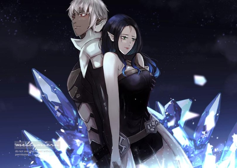 May include: Digital illustration of two fantasy characters, a male and female, standing close together. The male has white hair and dark skin, while the female has black hair. They are surrounded by blue crystals and a starry background.