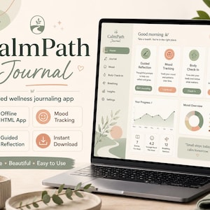 May include: A laptop screen displaying the CalmPath Journal app interface with a dashboard featuring guided reflection, mood tracking, body check-in, and breathing practice modules. The design uses a soft green and peach color palette with text.
