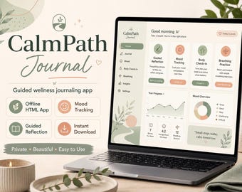 CalmPath Guidad Wellness Journal HTML-app, Digital självvårdsdagbok, Humörspårare, Stressreflektionsverktyg, Offline Journaling-app