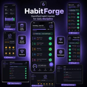 May include: A digital interface for the HabitForge gamified habit tracker app, featuring a dark theme with purple accents. The display shows various screens including progress charts, daily habit lists with checkmarks, reward icons, and settings menus.
