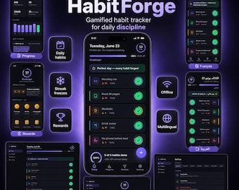 May include: A digital interface for the HabitForge gamified habit tracker app, featuring a dark theme with purple accents. The display shows various screens including progress charts, daily habit lists with checkmarks, reward icons, and settings menus.