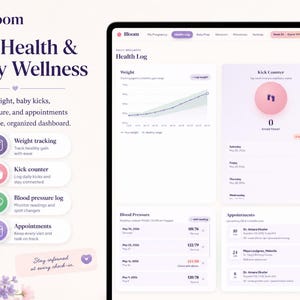 May include: A digital dashboard interface titled Bloom for pregnancy health tracking. The screen displays a weight gain chart, a kick counter with a pink circular icon, a blood pressure log, and an appointment schedule. The layout includes text labels for weight tracking, kick counter, blood pressure log, and appointments, decorated with floral graphics.