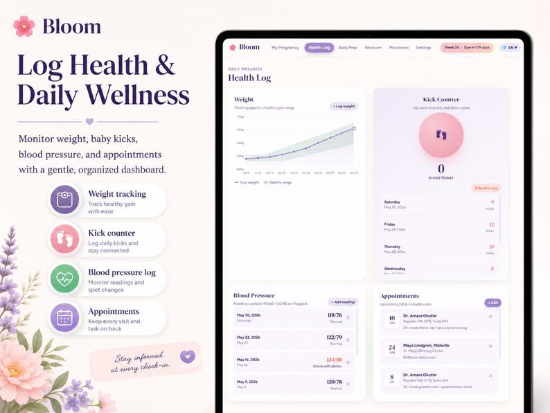 May include: A digital dashboard interface titled Bloom for pregnancy health tracking. The screen displays a weight gain chart, a kick counter with a pink circular icon, a blood pressure log, and an appointment schedule. The layout includes text labels for weight tracking, kick counter, blood pressure log, and appointments, decorated with floral graphics.