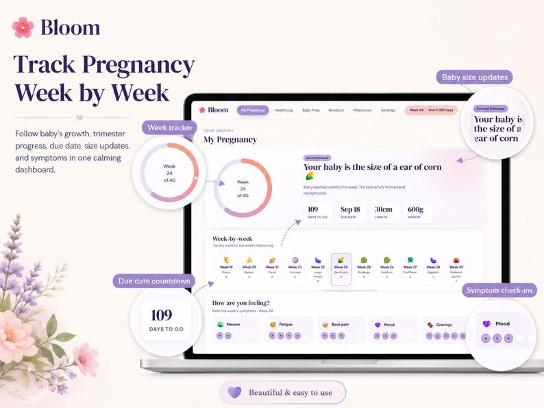 May include: A laptop screen displaying the Bloom pregnancy tracking dashboard. The interface features a week tracker, due date countdown, baby size updates, and symptom check-ins. Text includes 'Track Pregnancy Week by Week' and 'Your baby is the size of a ear of corn'.