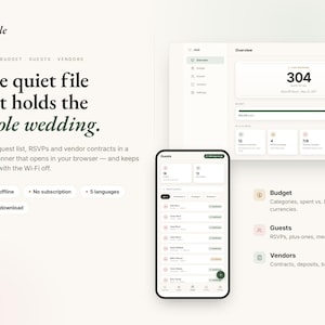 Trouwplanner-app, budgettracker voor bruiloften, gastenlijst- en RSVP-manager, leveranciersorganisator, werkt offline, geen abonnement, direct te downloaden
