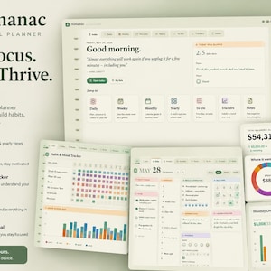 May include: Digital planner interface with the text "Almanac" and "Plan. Focus. Track. Thrive." The interface displays daily, weekly, and monthly views, habit tracking, and financial data. The design is clean and minimal, with a focus on organization and goal setting.