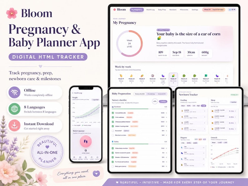May include: A digital Bloom pregnancy and baby planner app displayed on a laptop, smartphone, and two tablets. The interface features trackers for health, nursery checklists, feeding, sleep, and diapers with a soft purple and white colour scheme.