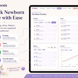 May include: A digital tablet displaying the Bloom newborn tracker application interface. The screen shows organised sections for feeding, sleep, nappy changes, and growth charts, with text labels and icons for tracking daily infant care activities.