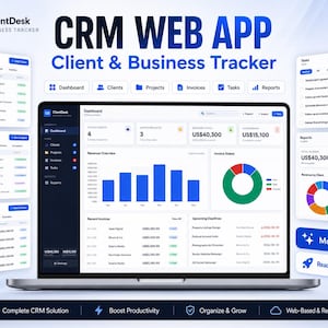 May include: A laptop screen shows a CRM web app interface for client and business tracking. Features include dashboards, client lists, project management, invoices, tasks, and reports. The design is modern and ready-to-use, with a focus on productivity.