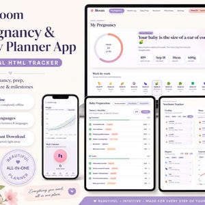 May include: A digital Bloom pregnancy and baby planner app displayed on a laptop, smartphone, and two tablets. The interface features trackers for health, nursery checklists, feeding, sleep, and diapers with a soft purple and white colour scheme.