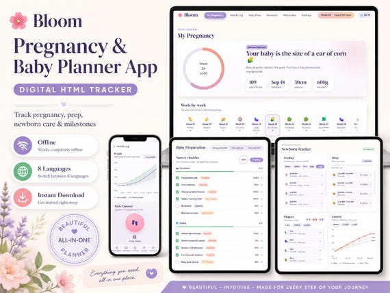 Bloom Pregnancy & Baby Planner App | Digital HTML Tracker | Offline | 8 Languages | Instant Download