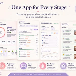 May include: A digital interface for the Bloom app displayed on four screens, featuring sections for My Pregnancy, Baby Preparation, Newborn Tracker, and Milestones. The screens show text, icons, and progress charts for tracking pregnancy and infant care.