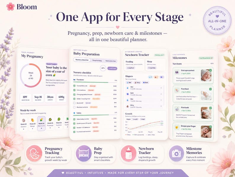 May include: A digital interface for the Bloom app displayed on four screens, featuring sections for My Pregnancy, Baby Preparation, Newborn Tracker, and Milestones. The screens show text, icons, and progress charts for tracking pregnancy and infant care.