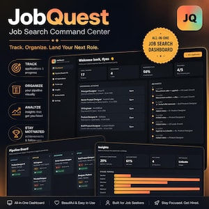 以下が含まれることがあります： JobQuestというタイトルのデジタル求職ダッシュボード。ダークモードのインターフェースにデータ可視化、パイプラインボード、アクティビティログが表示されています。応募状況の追跡やキャリア分析のためのセクションが配置された、求職者向けのツールです。