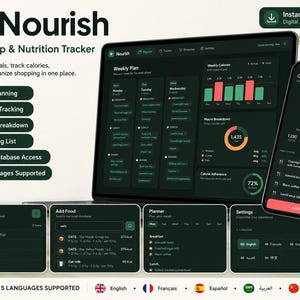 以下が含まれることがあります： 「Nourish」という名前の食事準備と栄養トラッカーのデジタルインターフェース。 インターフェースはラップトップとスマートフォンに表示され、食事計画、カロリー追跡、買い物リストなどの機能が示されています。 デザインは濃い緑色で、白い文字が使用されています。