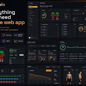 May include: A dark-themed web app interface for fitness tracking, showing data like dashboard, recovery, exercise library, nutrition, habits, and progress. The app has a clean, modern design with charts and graphs.