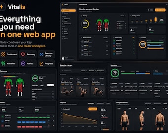 May include: A dark-themed web app interface for fitness tracking, showing data like dashboard, recovery, exercise library, nutrition, habits, and progress. The app has a clean, modern design with charts and graphs.