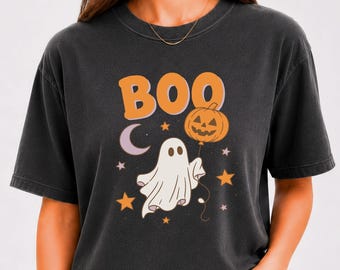 Boo Ghost Halloween SVG PNG, Cute Ghost Pumpkin Balloon Design, Retro Halloween, Spooky Season Ghost