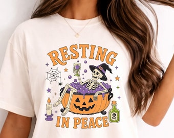 Resting in Peace Halloween PNG SVG, Skeleton Witch, Funny Halloween Shirt Design, Pumpkin Cauldron, Spooky Season