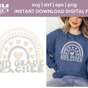 Neutraal Boho Rainbow 2e leerjaar Teacher Wave-lettertype SVG en PNG - T-shirts, bakken, blikglas, voor Cricut, POD-software, Print on Demand