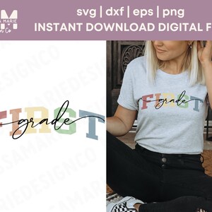 1.er grado, Collegiate y Script Tails svg, png, eps - Maestro, Escuela, Camisetas, Bolsas, Lata de vidrio, Cricut, Software POD, Impresión a pedido
