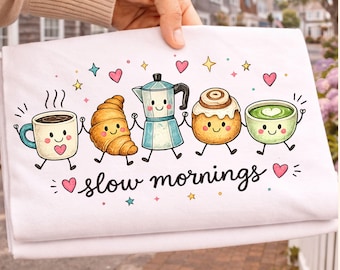 Slow Mornings  PNG, Cozy Coffee Lover, Cute Breakfast, Kawaii Coffee Sublimation Design, Cozy Fall, Morning Matcha Shirt Design