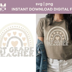 Fuente SVG y PNG con ondas de arcoíris boho neutro para maestros de primer grado: camisetas, bolsas, tarros de vidrio, para Cricut, software POD, impresión a pedido