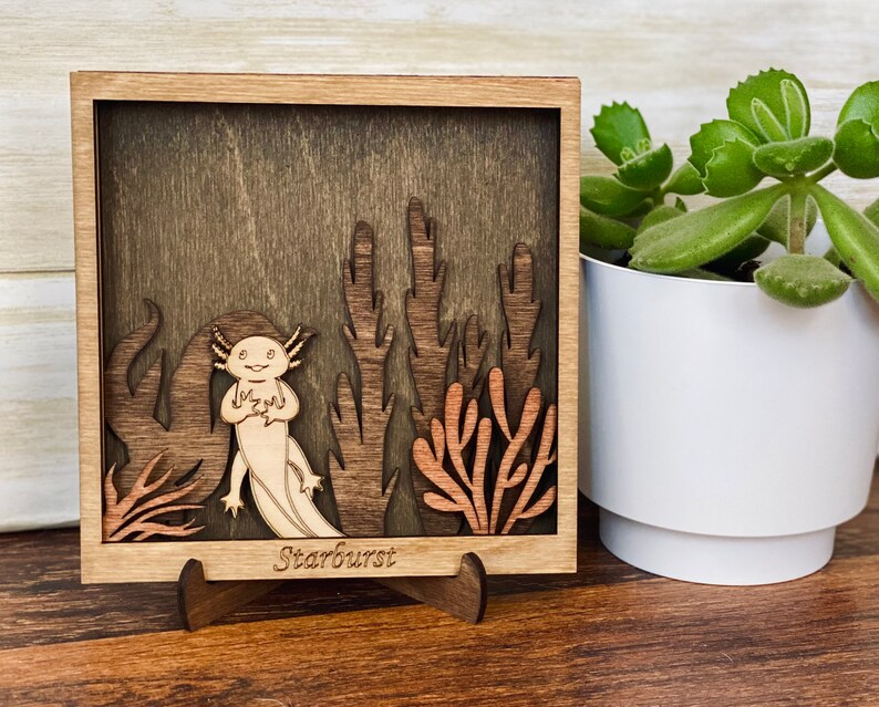 May include: A wooden shadow box featuring a carved axolotl, plants, and the inscription "Starburst" at the base. The box is displayed on a wooden surface.