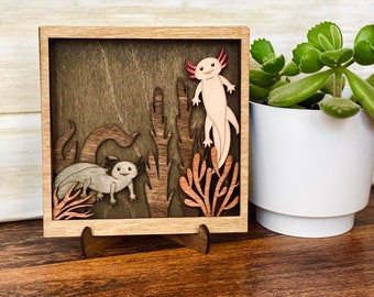 Personalized Axolotl Sign: Layered Wood Art, Custom Engraving