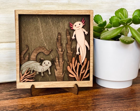 Personalized Axolotl Sign: Layered Wood Art, Custom Engraving