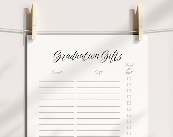 Graduation Party Gift List, Graduation Thank You Log, Gift Record Sheet, Printable Digital Instant Download