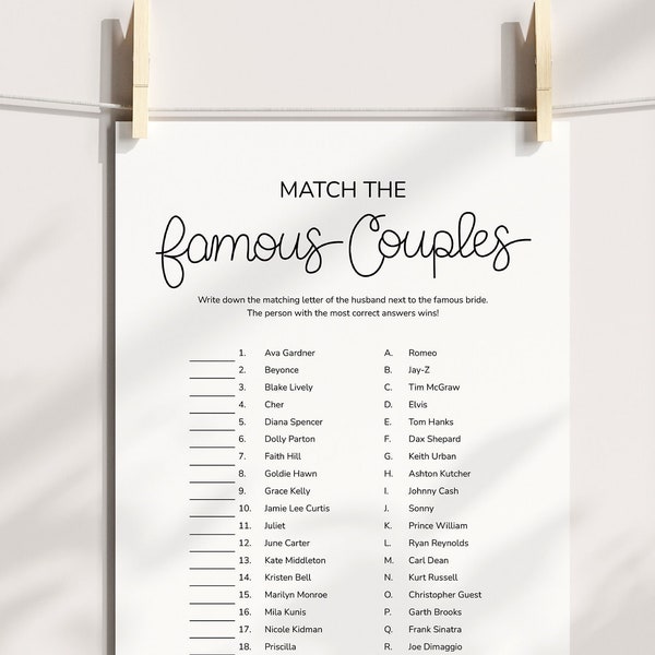 Match the Famous Couples Bridal Shower Game, Printable Instant Digital Download, Engagement, Wedding, Bachelorette Party