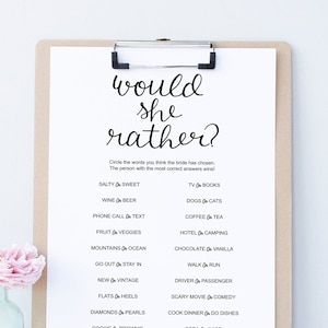 Would She Rather Bridal Shower Game, Printable Instant Digital Download, Would the Bride Rather, Wedding, Engagement, Bachelorette Party