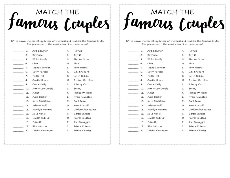 Match the Famous Couples Bridal Shower Game Printable | Etsy