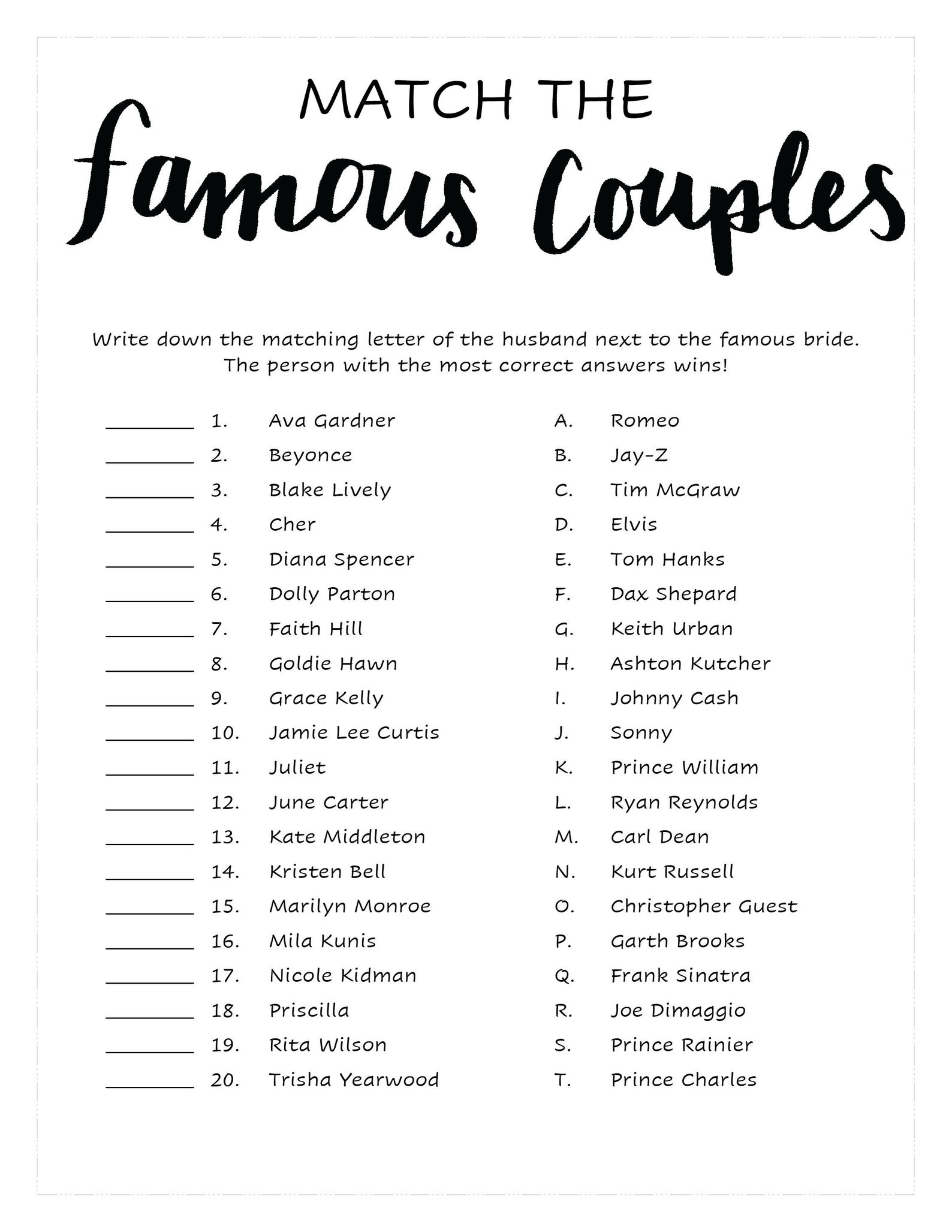 Match The Famous Couples Bridal Shower Game Printable Etsy