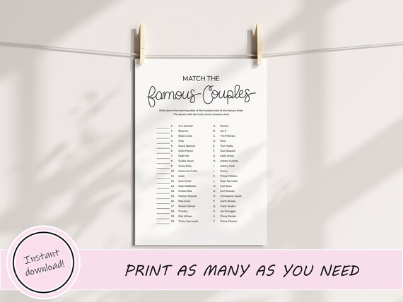 Match the Famous Couples Bridal Shower Game Printable Instant - Etsy