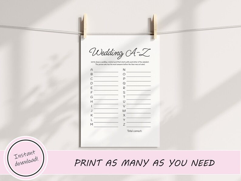 Wedding A to Z Bridal Shower Game, Wedding Abcs, Printable Instant