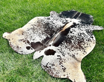 Genuine Black & White Cowhide Rug, Speckled Brazilian Cow Hide Rug