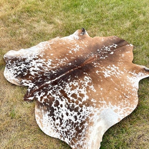 May include: A brown and white cowhide rug with a spotted pattern. The rug is laid out on a grassy surface.