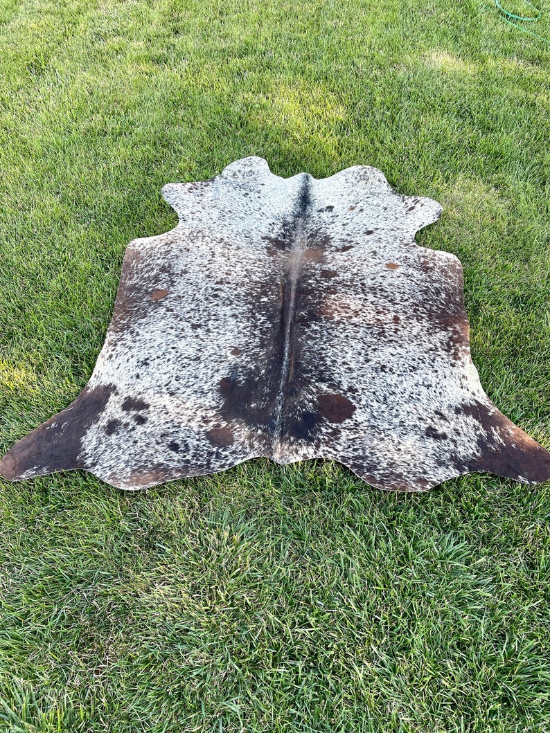 Pode incluir: Um tapete de pele de vaca branco e marrom com um padr&atilde;o de manchas. O tapete est&aacute; colocado sobre uma superf&iacute;cie de grama verde.