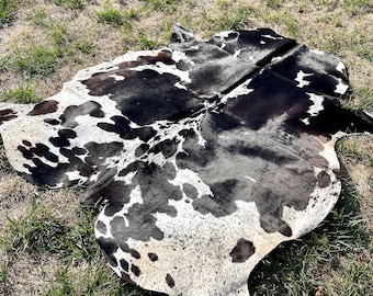 Genuine Black & White Cowhide Rug, Speckled Brazilian Cow Hide Rug