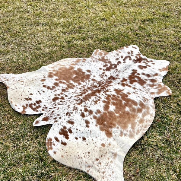 Genuine Brown and White Cowhide Rug, Speckled Brazilian Cow Hide Rug 4x4