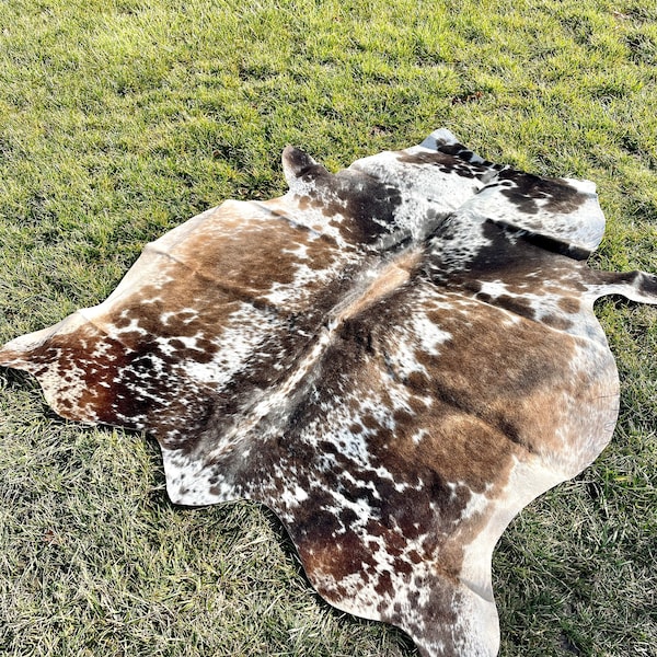 Genuine Tricolor Cowhide Rug, Speckled Brazilian Cow Hide Rug