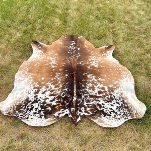 May include: A brown and white cowhide rug with a spotted pattern. The rug is laid out on a grassy surface.