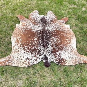 May include: A brown and white cowhide rug with a spotted pattern. The rug is laid out on a green grassy surface.