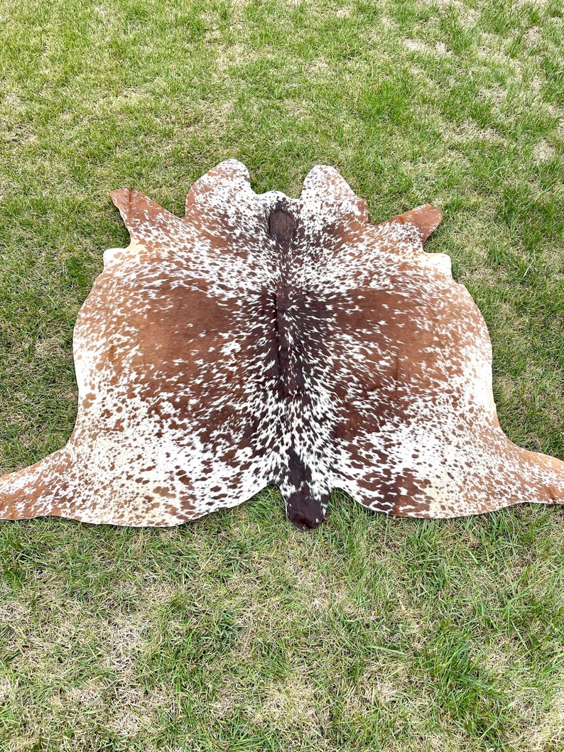 May include: A brown and white cowhide rug with a spotted pattern. The rug is laid out on a green grassy surface.