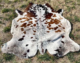 Genuine Tricolor Cowhide Rug, Speckled Brazilian Cow Hide Rug