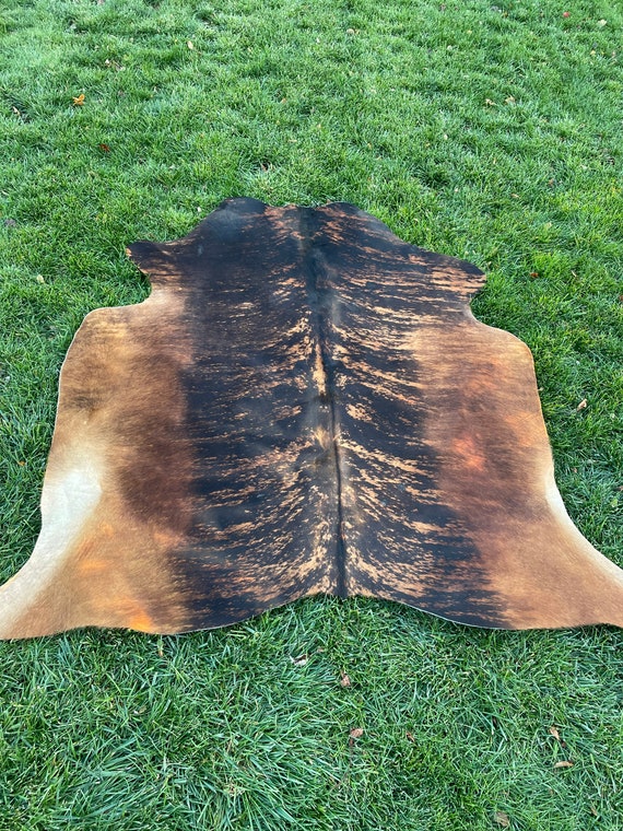 Genuine Tricolor Brindle Cowhide Rug, Speckled Brazilian Cow Hide Rug