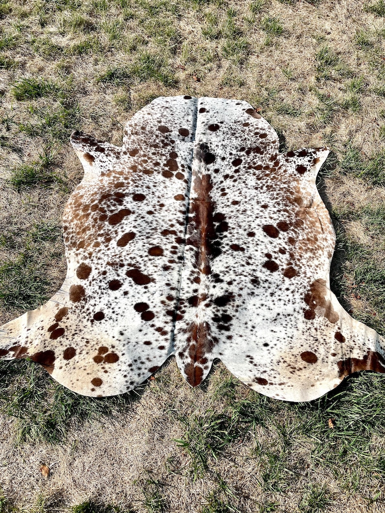 Pode incluir: Um tapete de pele de vaca marrom e branco com um padr&atilde;o de manchas. O tapete est&aacute; colocado sobre uma superf&iacute;cie coberta de grama.
